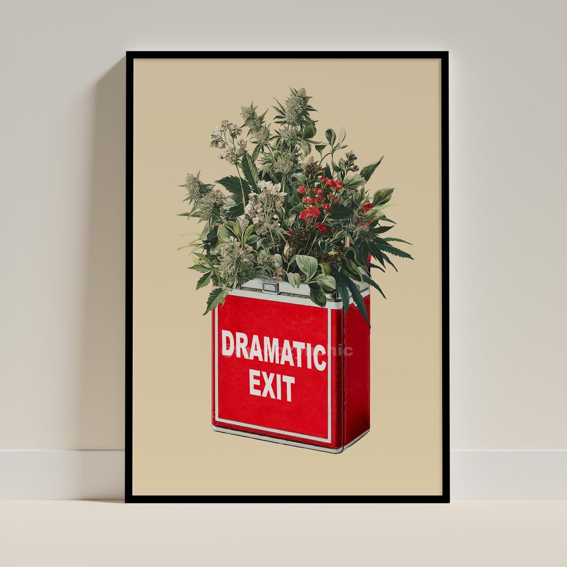 Dramatic Exit Sign Cannabis Flower Bouquet Trendy Botanical Poster