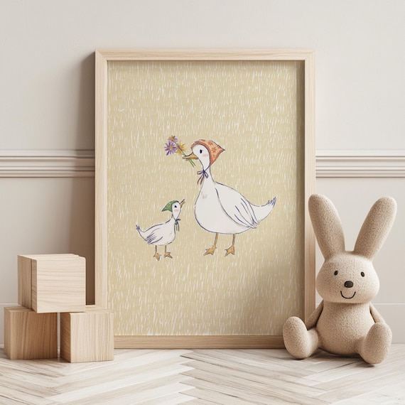 Mama Duck and Duckling with Wildflowers Hand Drawn Nursery Wall Art