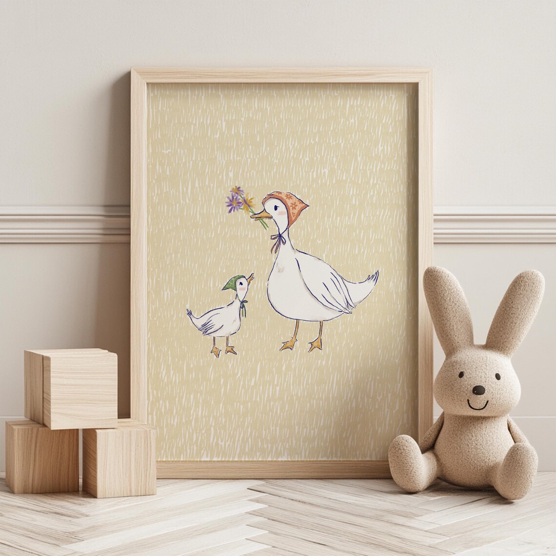 Mama Duck and Duckling with Wildflowers Hand Drawn Nursery Wall Art