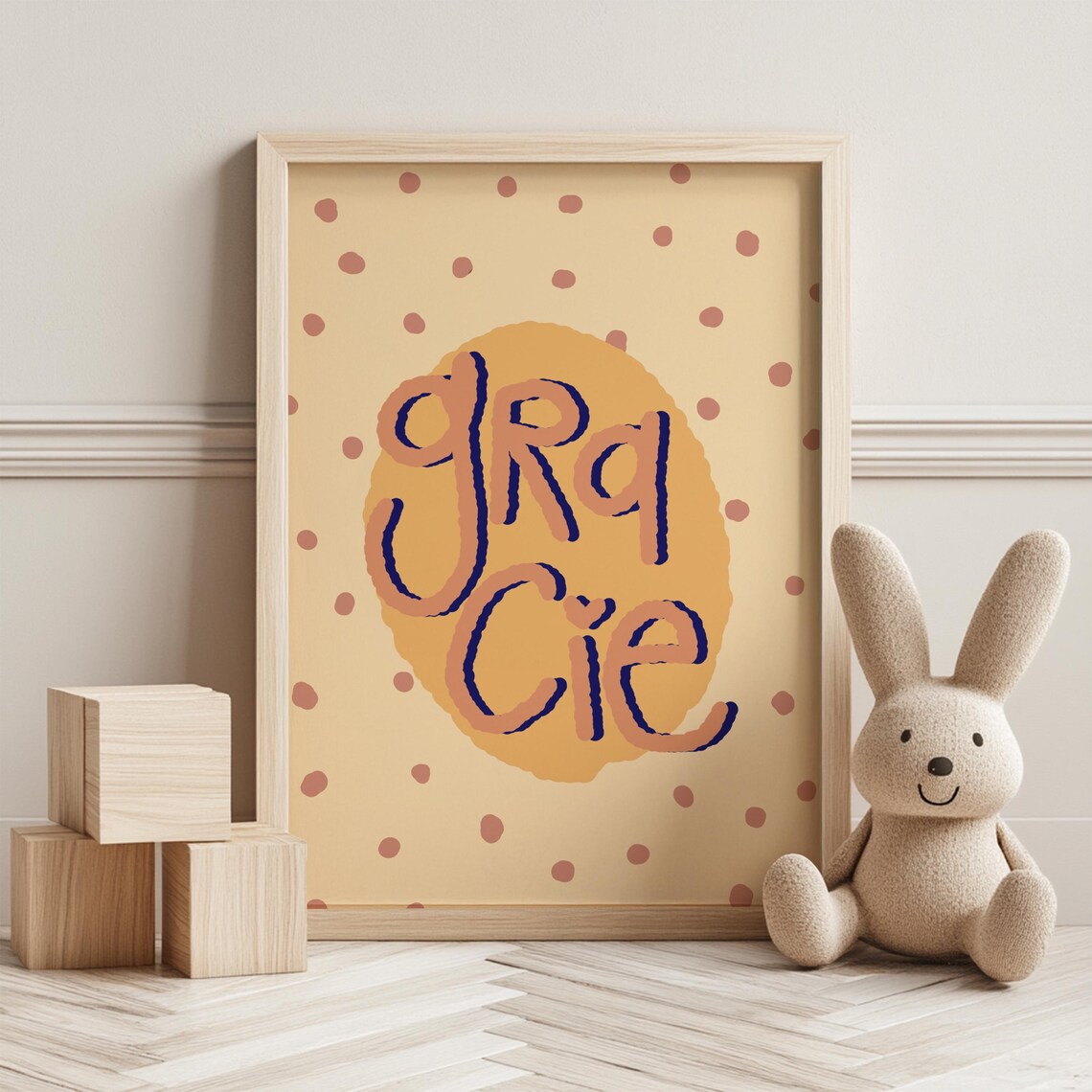 Personalized Hand Lettered Name Wall Sign Polka Dot Peach Nursery Kids Room Decor Poster
