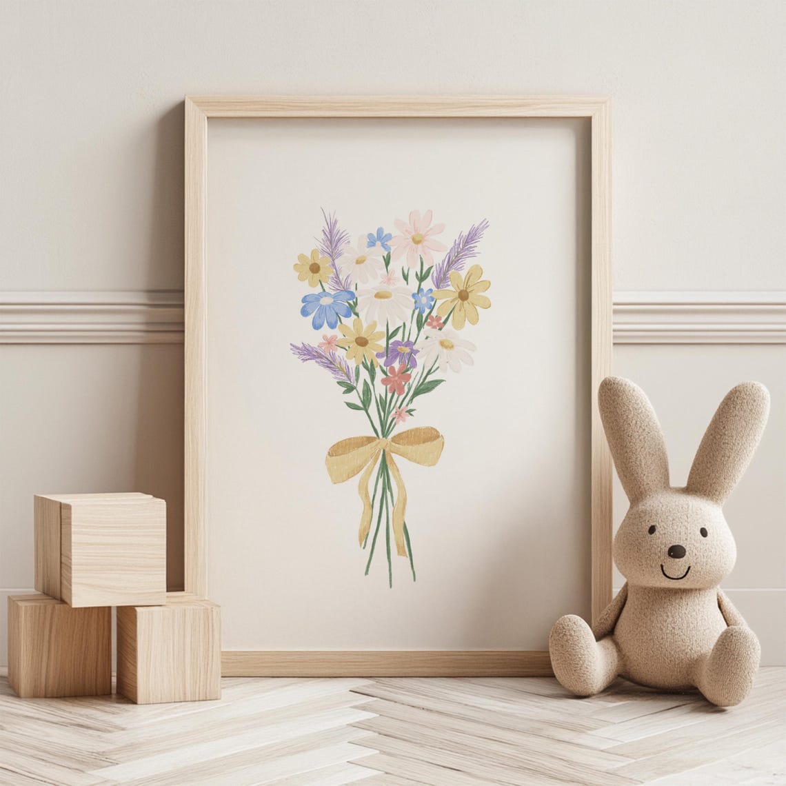 Handdrawn Pastel Wildflower Bouquet Yellow Bow Nursery Print