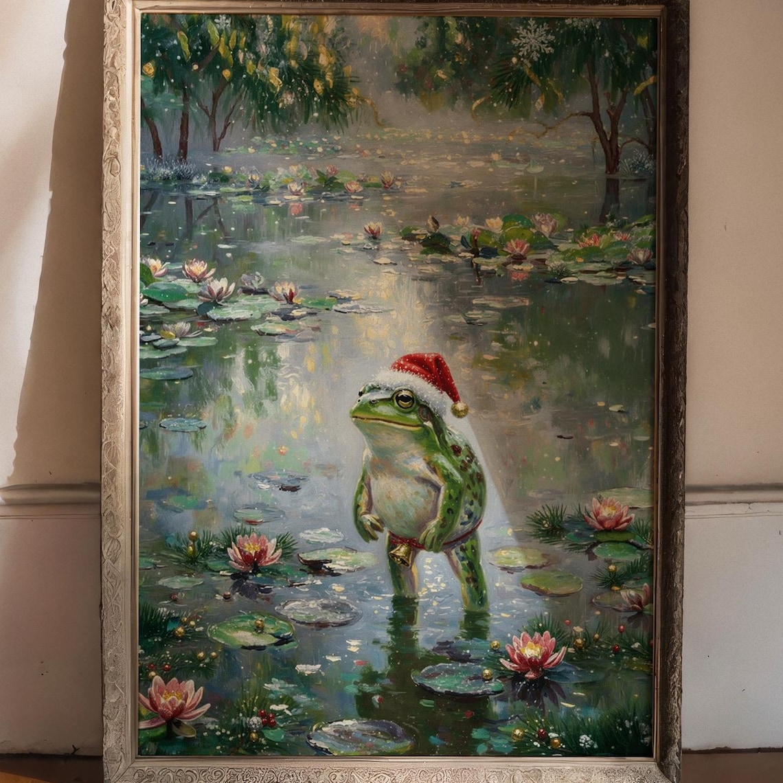 Christmas Frog Pond, Whimsical Winter Animal Art Print