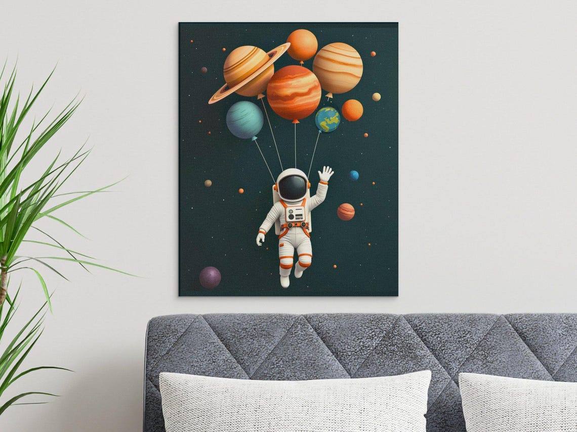 Astronaut Holding Planet Balloons Fun Kids Space Room Poster