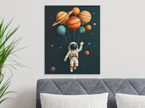 Astronaut Holding Planet Balloons Fun Kids Space Room Poster