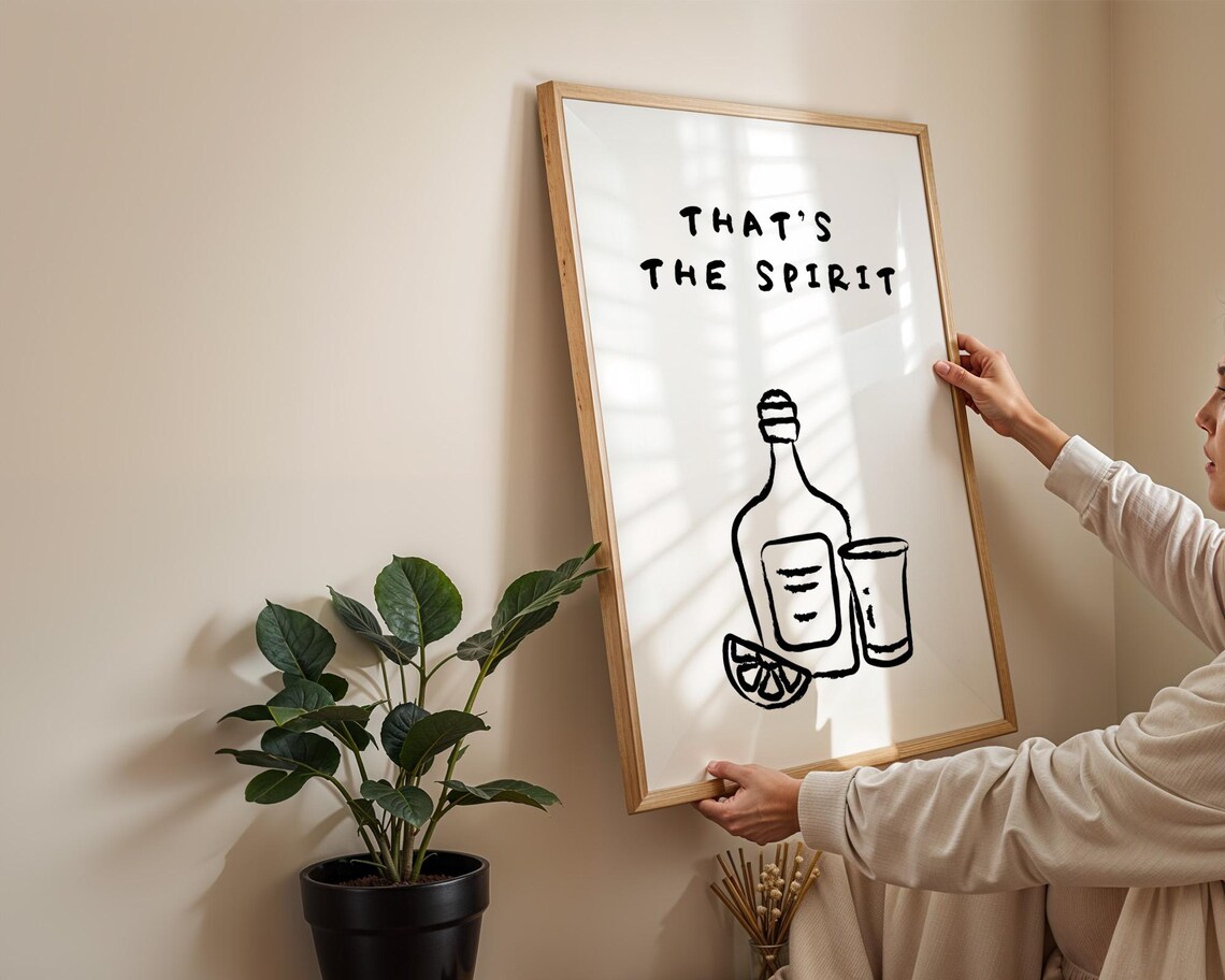 That's the Spirit Bottle and Glass Punny Black Line Art Poster - Image 2
