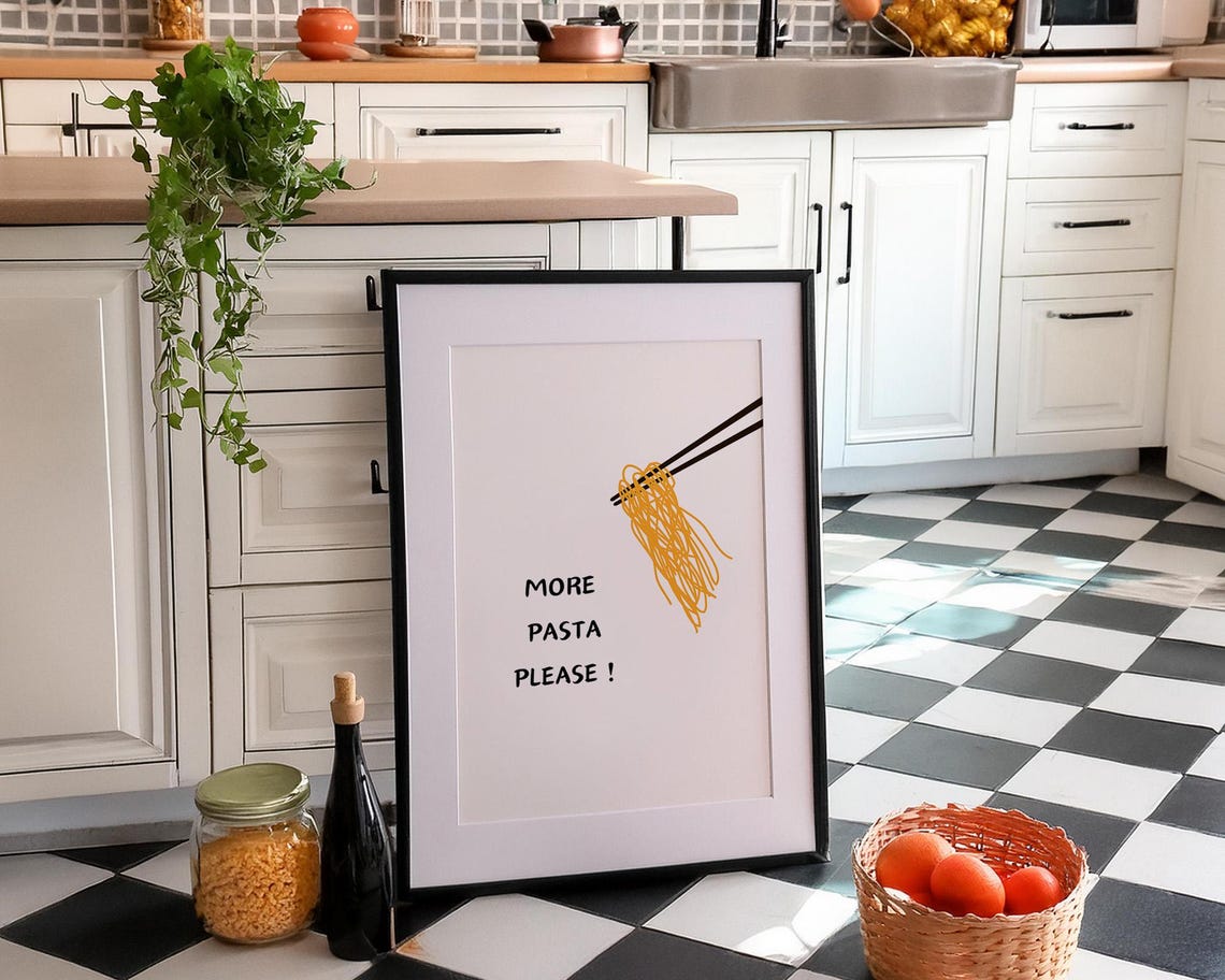 More Pasta Please Chopsticks Lifting Golden Noodles Art Poster - Image 3