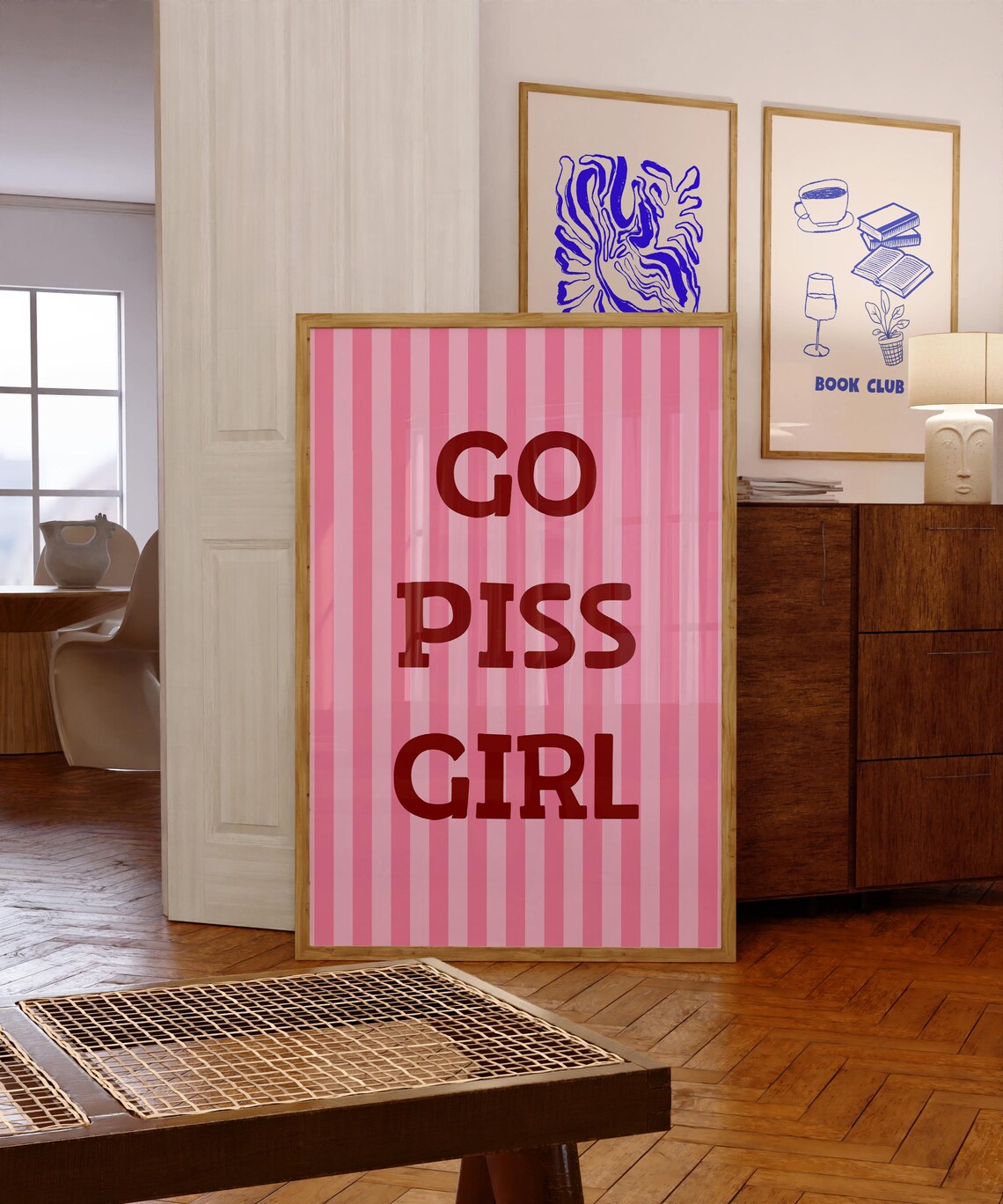 Go Piss Girl Bold Red Text on Pink Striped Funny Bathroom Poster - Image 3