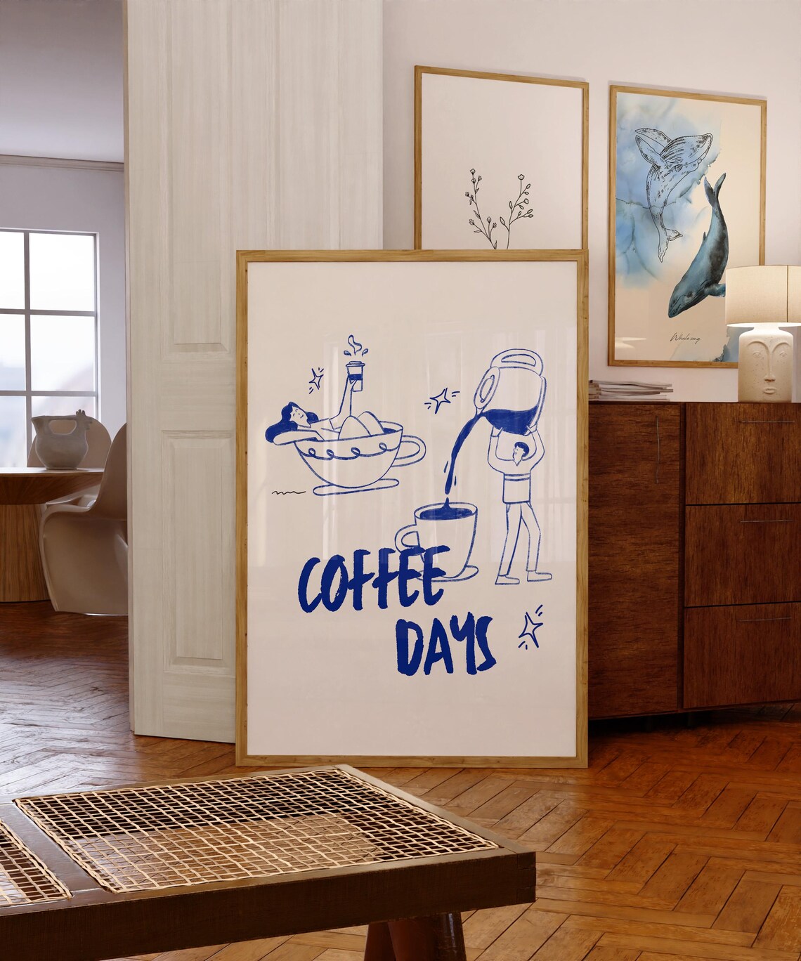 Whimsical Blue Line Art Coffee Days Morning Ritual Sketch Poster