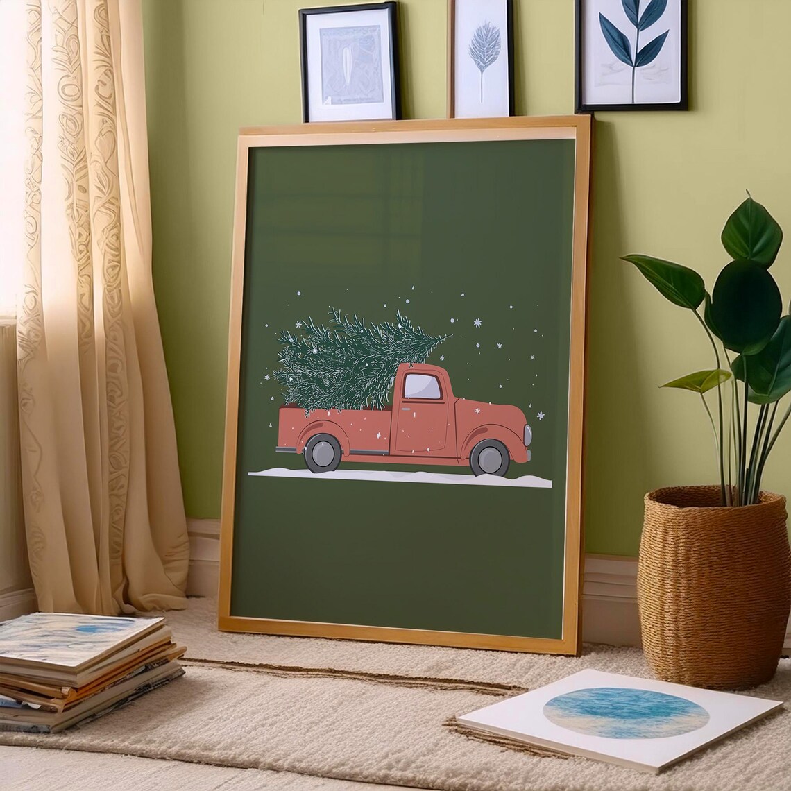 Red Truck Hauling Snowy Christmas Tree Vintage Farmhouse Poster