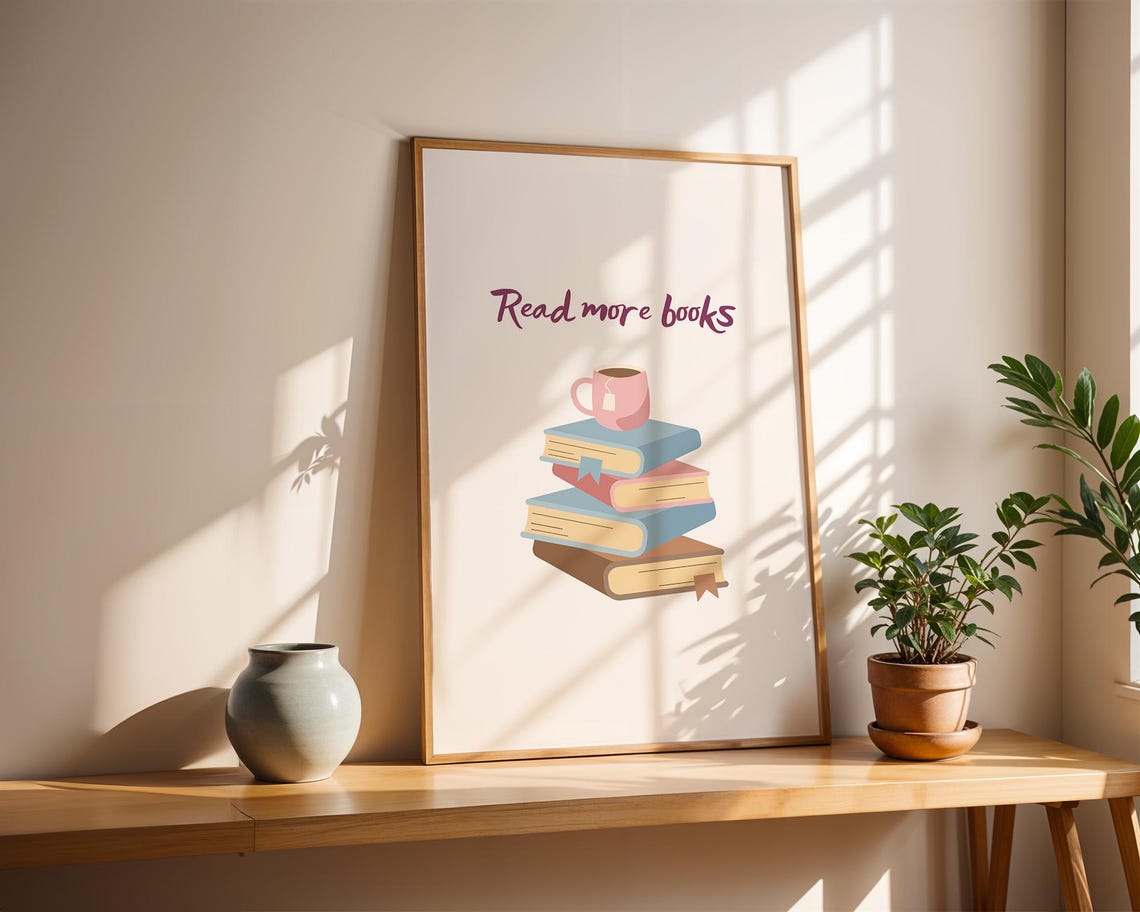 Read More Books Pastel Stack with Coffee Cup Book Lover Gift Poster - Image 2