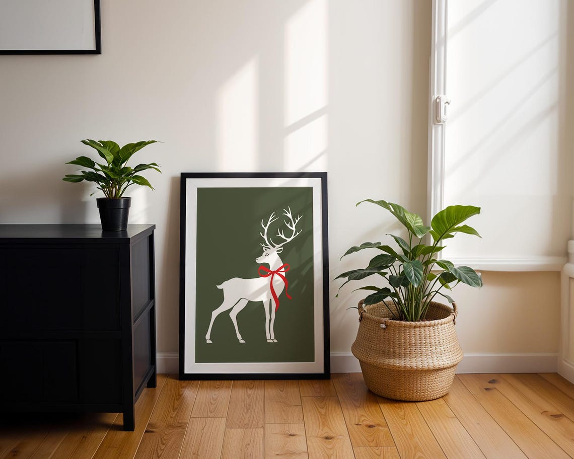 Elegant White Reindeer with Red Bow on Dark Olive Green Poster - Image 4