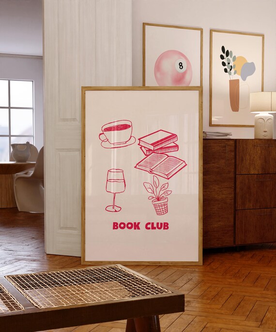 Book Club Red Line Art Coffee Books Wine and Potted Plant Poster