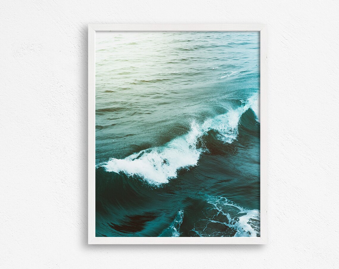 Teal Ocean Wave Aerial Foamy Surf Minimalist Coastal Travel Poster