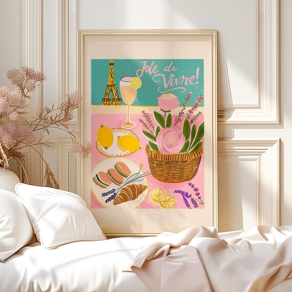Joie de Vivre Paris French Eiffel Tower Cafe Retro Pink Art Poster