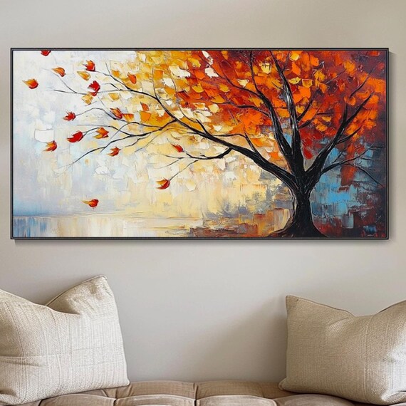 Original Oil Painting 3d Abstract Orange Tree Landscape Thick Texture Tree Art Palette Knife Natural Scenery Living Room Wall Art Fall
