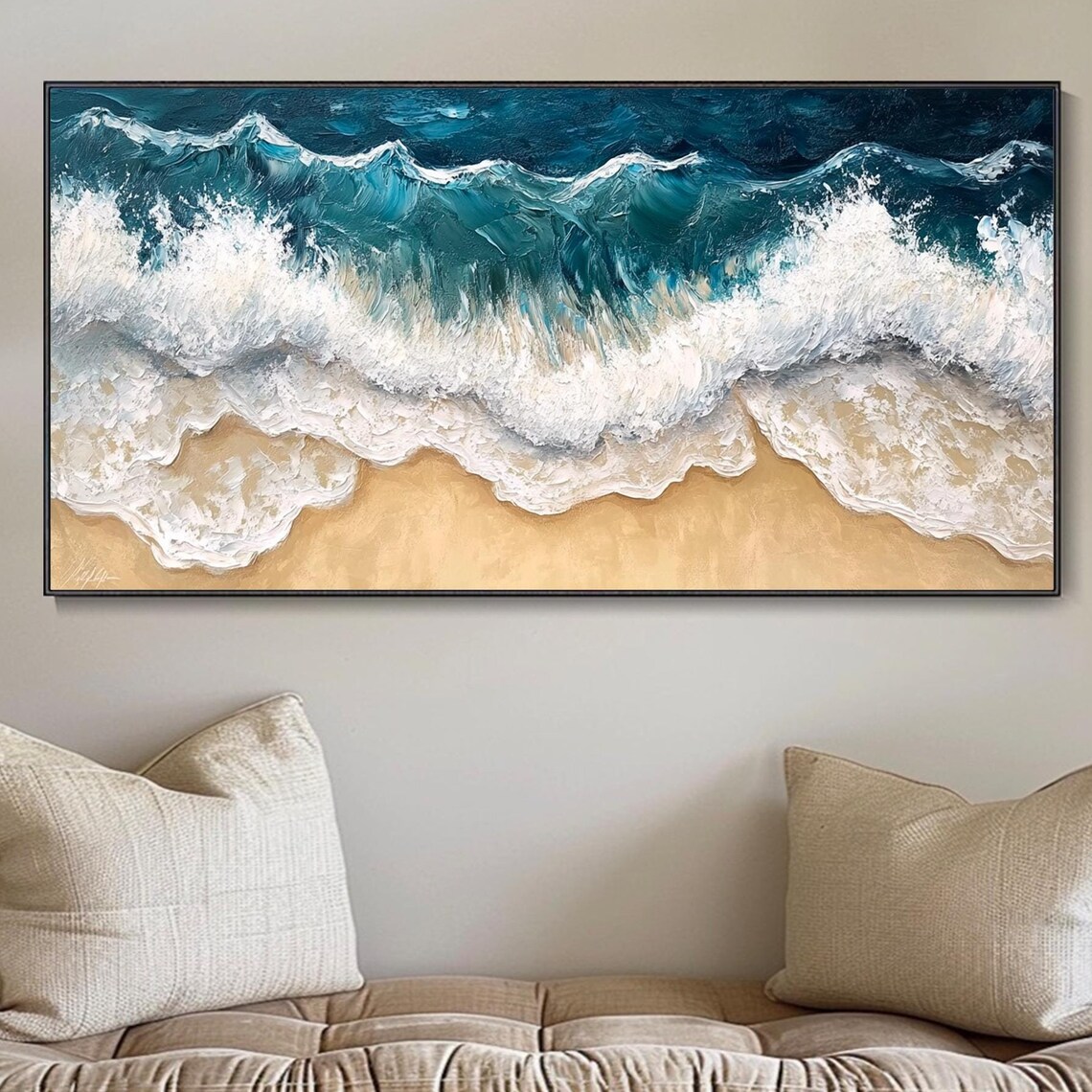 Aerial Blue Ocean Waves Crashing On Golden Sandy Beach Poster