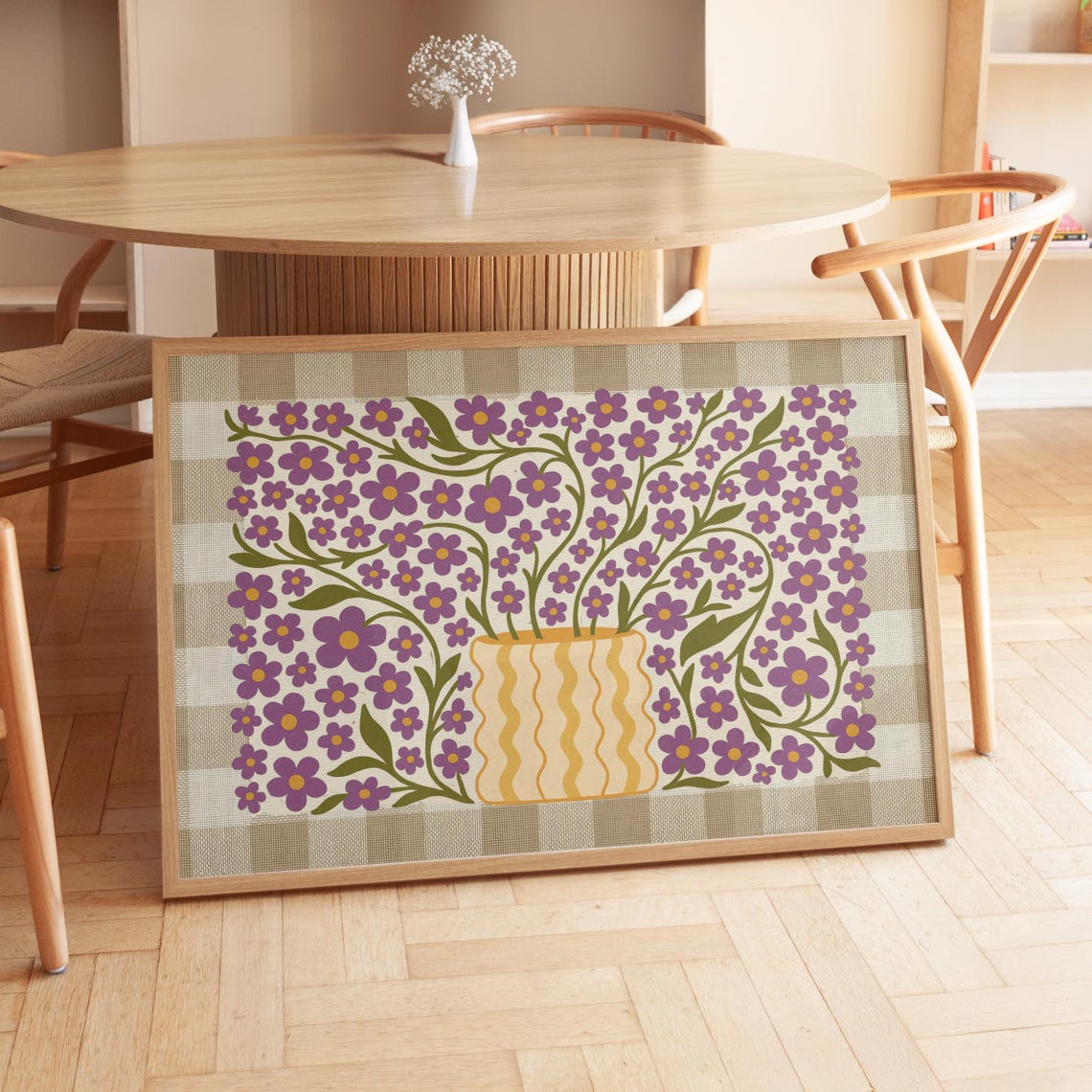 Purple Floral Vase On Gingham Cozy Cottage Botanical Wall Art