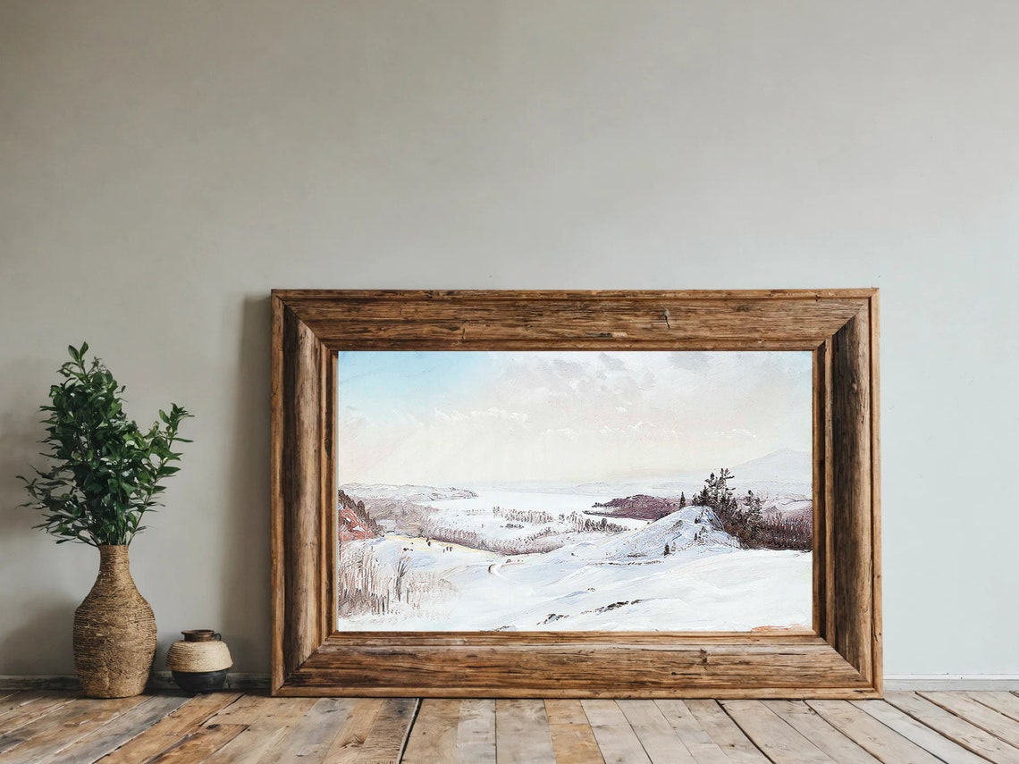 Snowy Winter Valley Pine Hills Frozen River Landscape Poster - Image 2