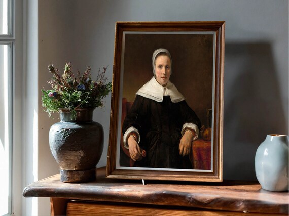 A Woman Holding A Pink Flower Painting Rembrandt Van Rijn Wall Art Famous Portrait Print Classic Fine Art Instant