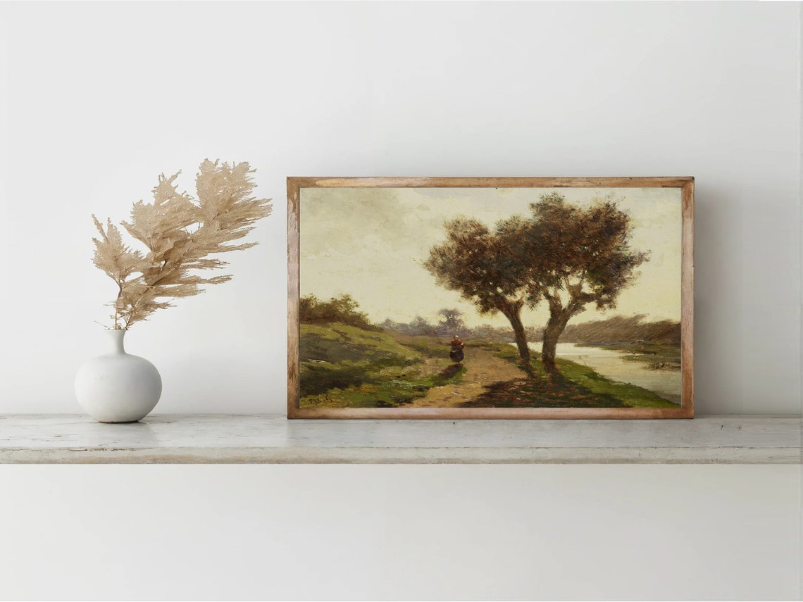 Riverside Path Twin Trees Lone Walker Quiet Barbizon Style Poster - Image 4