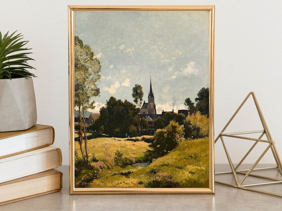 The Village Church Cottage Painting Rustic Country Art Print Church Landscape Vintage Landscape Painting Print Wall Art