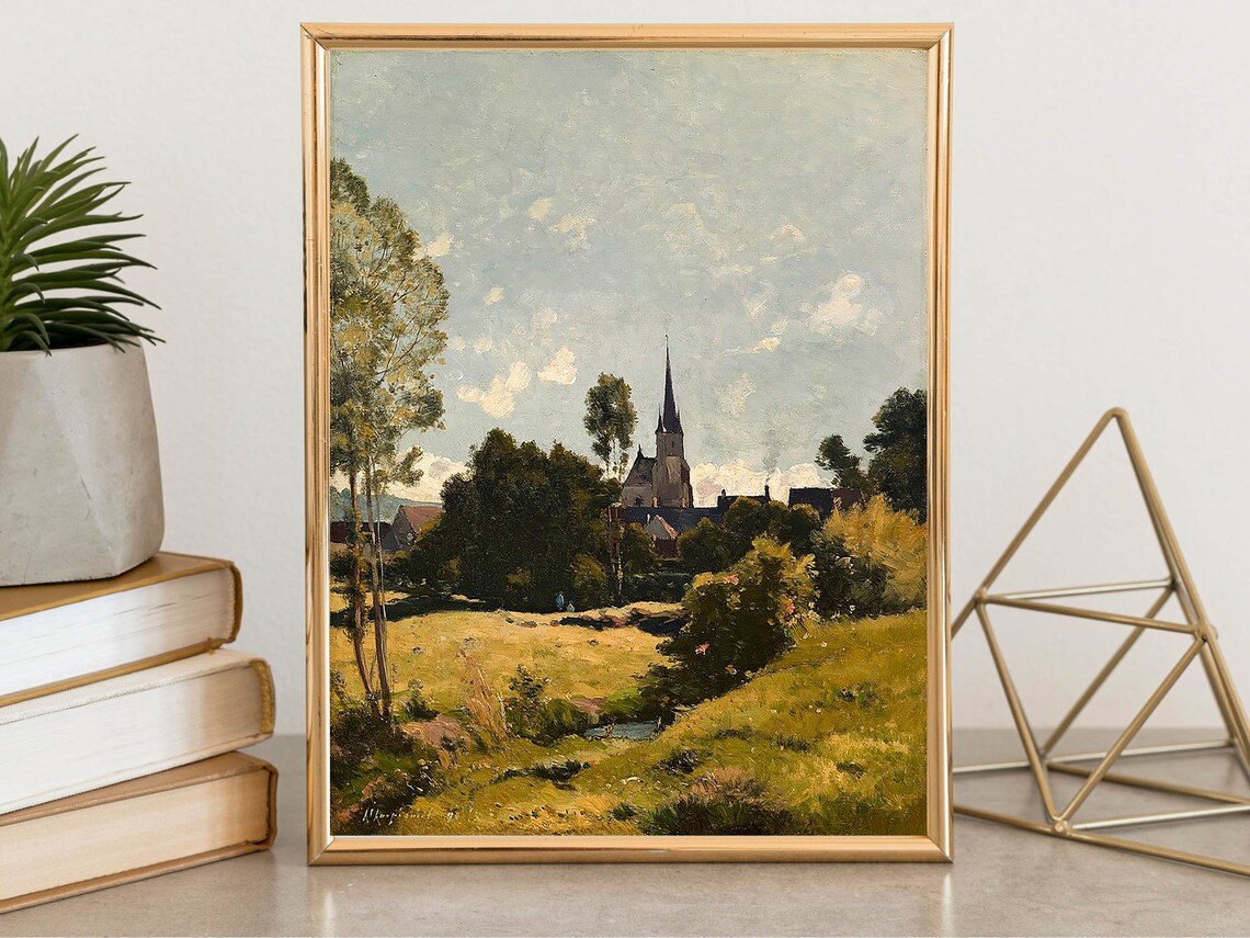 Village Church Spire Rustic Countryside Landscape Vintage Painting Poster