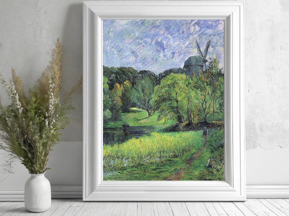 Windmill Above a Green Valley Countryside Post Impressionist Print - Image 3
