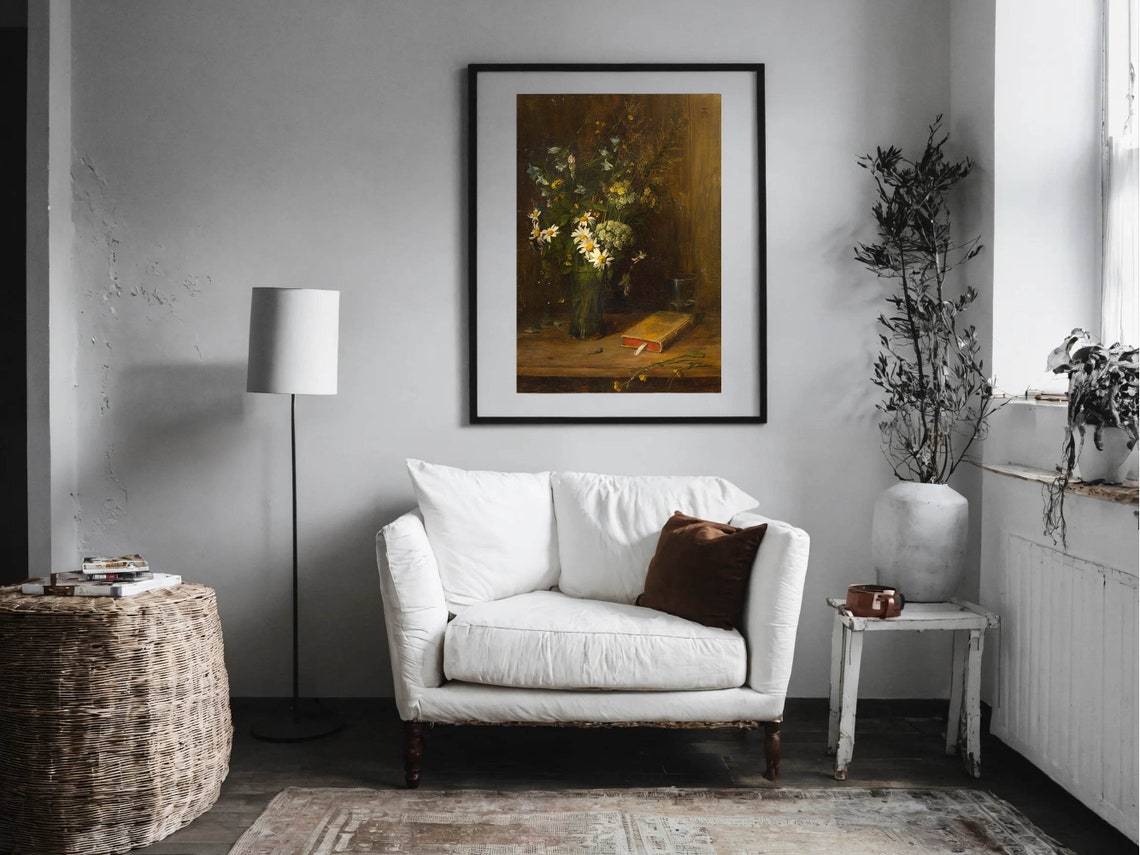 Vintage Wildflower Still Life Moody Daisies and Book Classic Print - Image 2