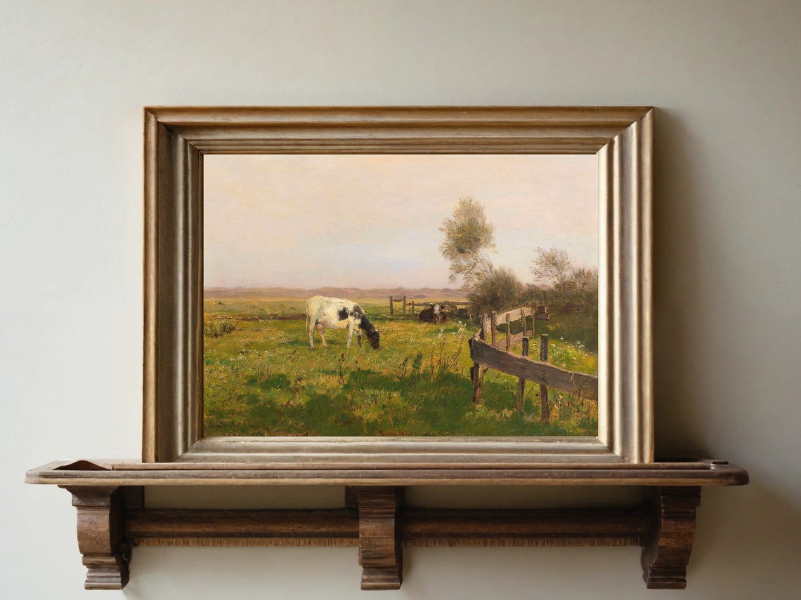 Vintage Cow Grazing Pasture Farm Animal Muted Rustic Painting Poster - Image 8