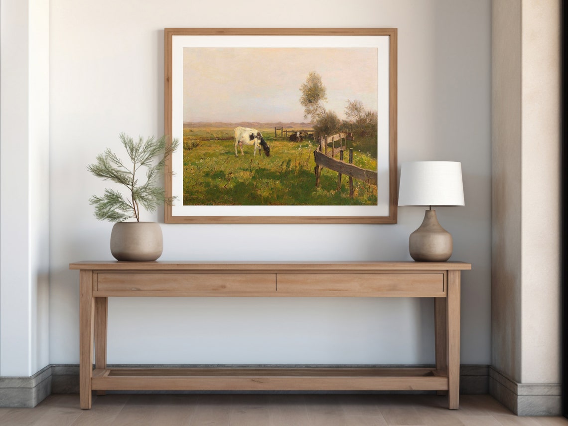 Vintage Cow Grazing Pasture Farm Animal Muted Rustic Painting Poster - Image 3