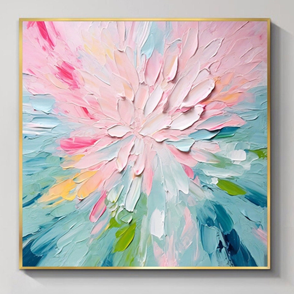 Pink White Giant Bloom Teal Splash Palette Knife Floral Wall Art
