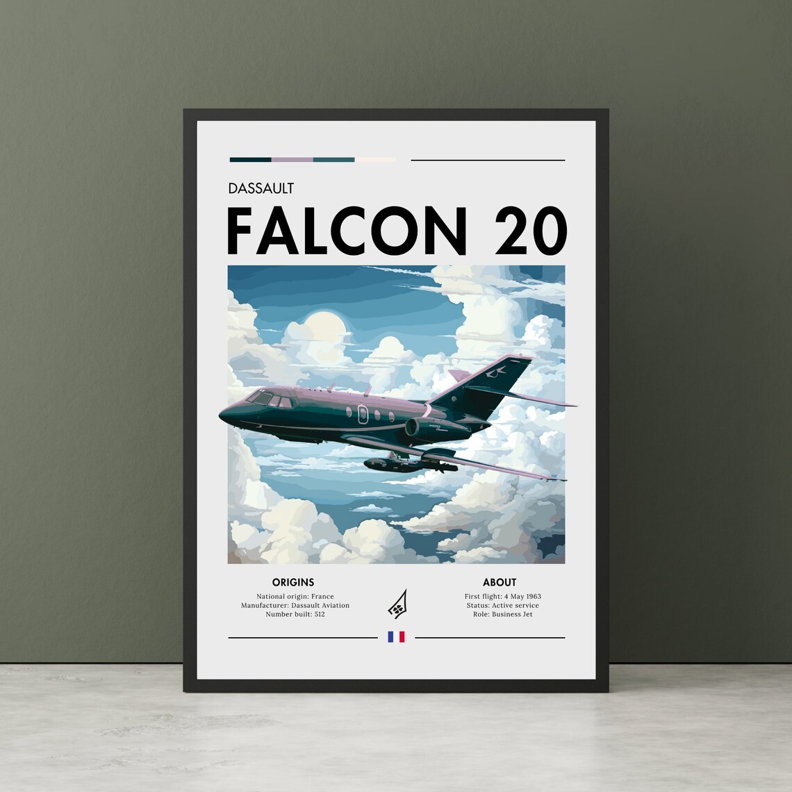 Dassault Falcon 20 French Business Jet Aviation Infographic Poster