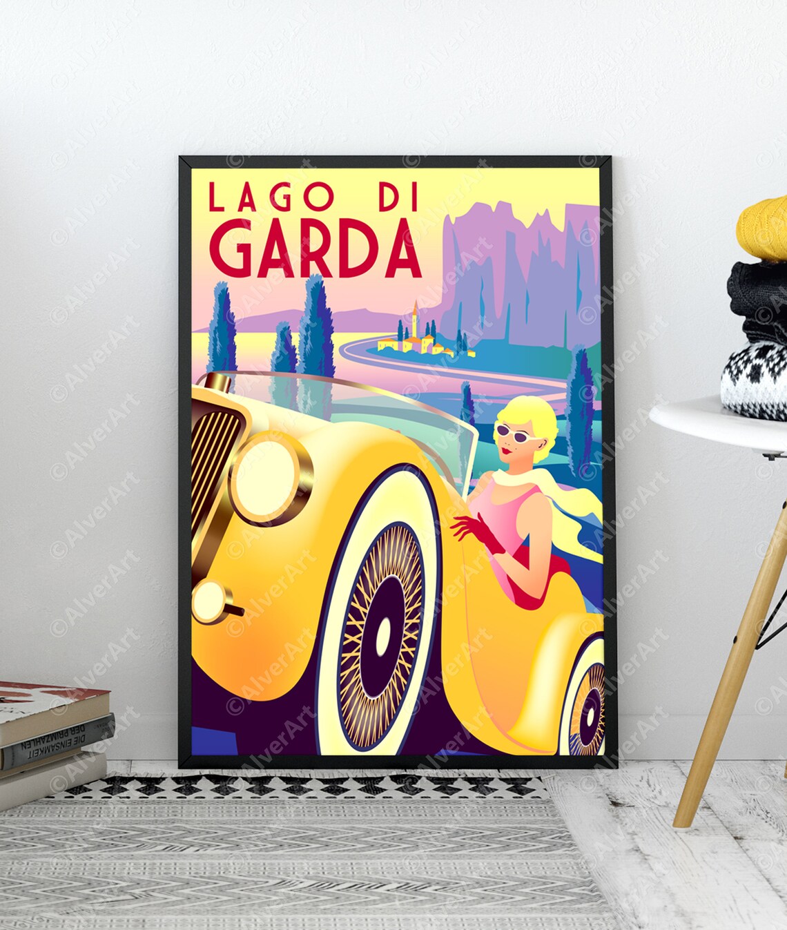 Lago di Garda Retro Art Deco Woman Vintage Car Lakeside Poster - Image 3