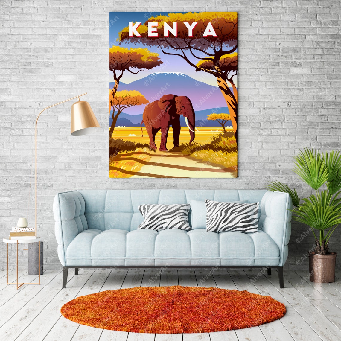 Kenya Safari Elephant Acacia Trees Golden Savanna Travel Poster - Image 2