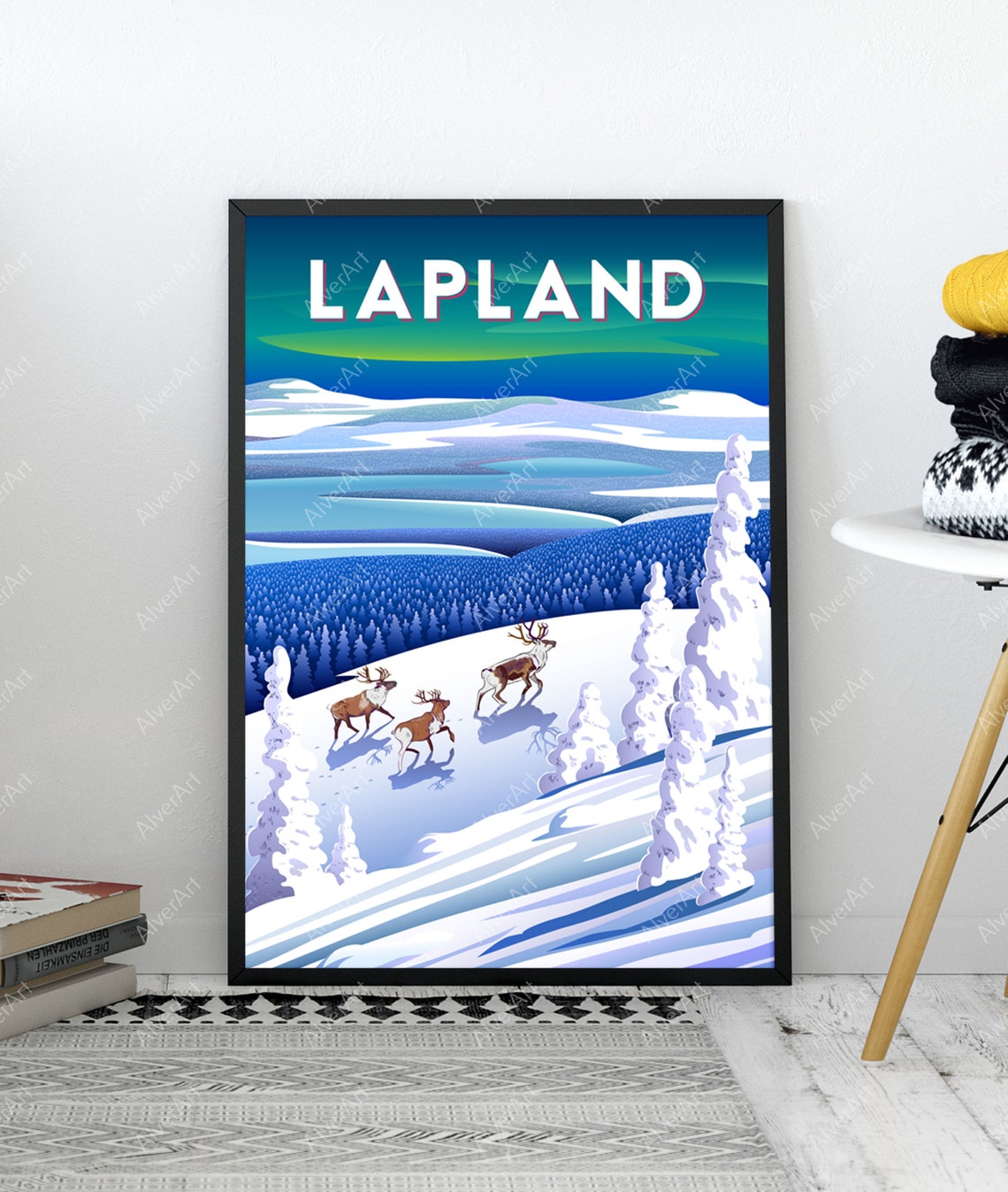 Lapland Reindeer Snowy Forest Northern Lights Vintage Travel Poster - Image 3
