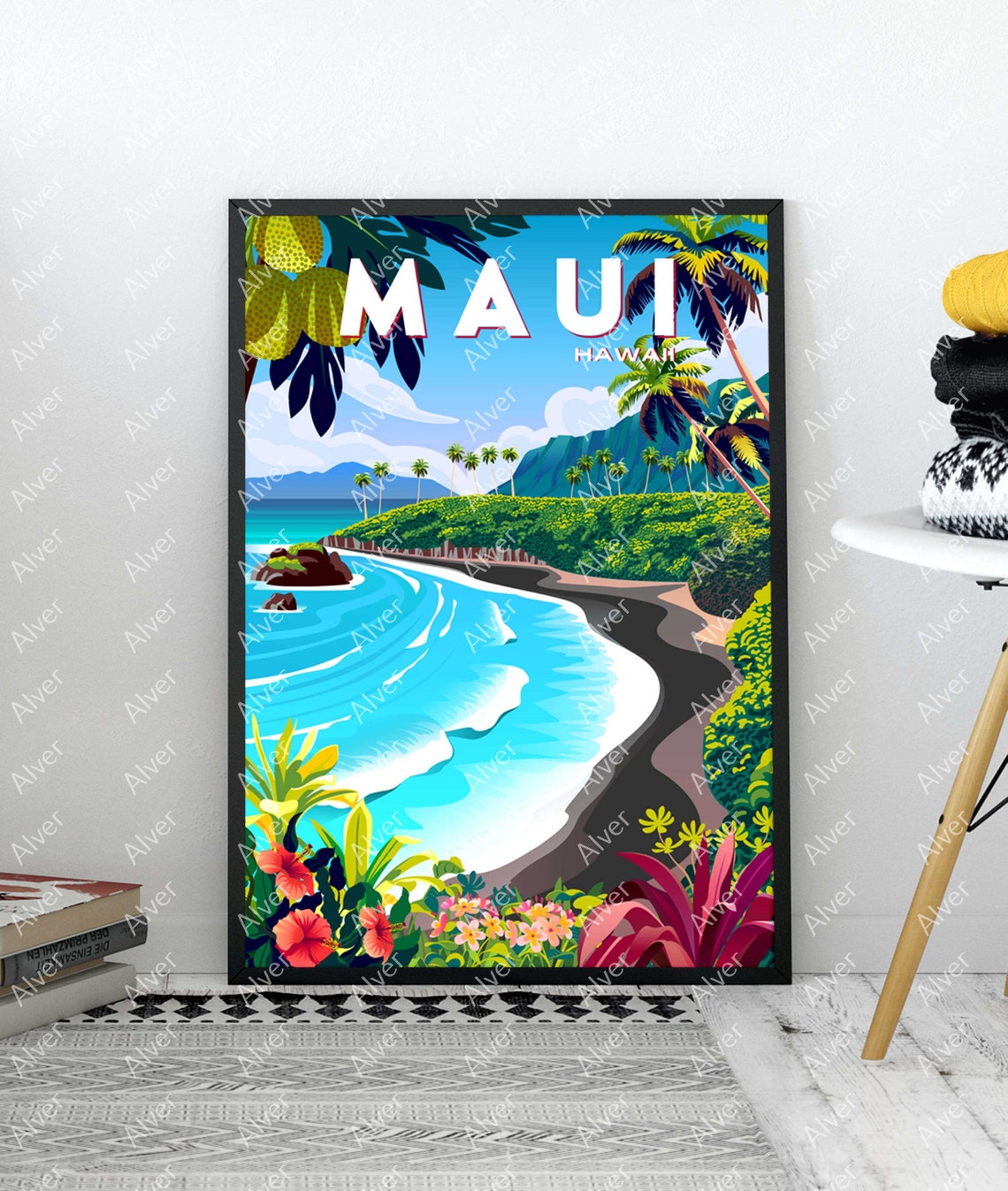 Maui Hawaii Black Sand Beach Retro Tropical Surf Travel Poster - Image 3