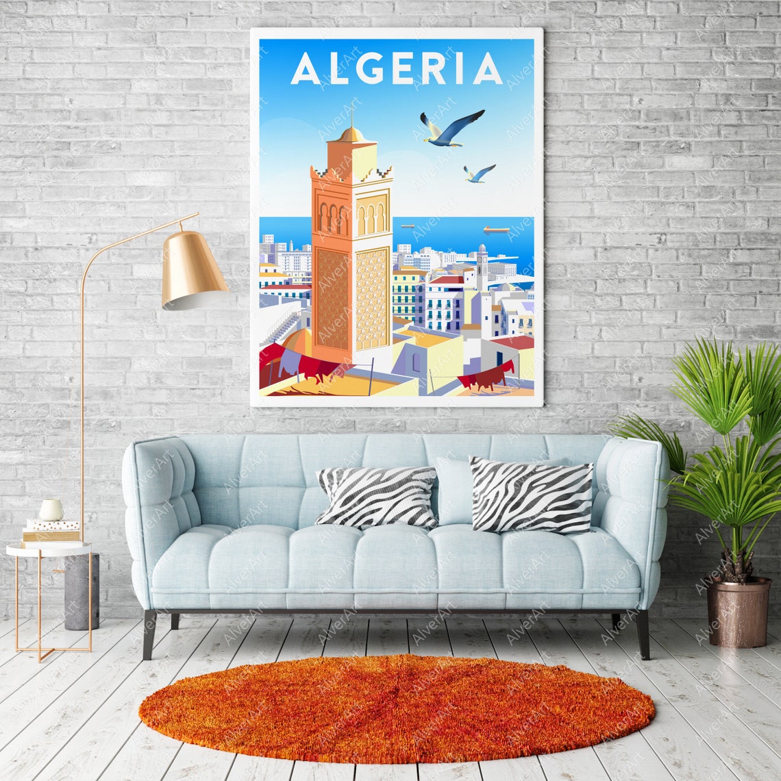 Algeria Coastal City Mosque Minaret Seagulls Blue Sky Poster - Image 2