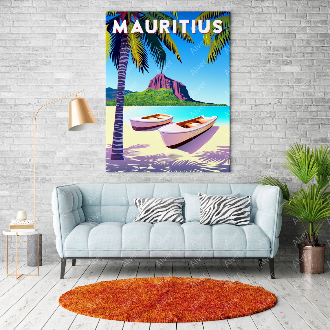 Mauritius Tropical Beach Poster With Boats and Mountain Landscape Art - Image 2