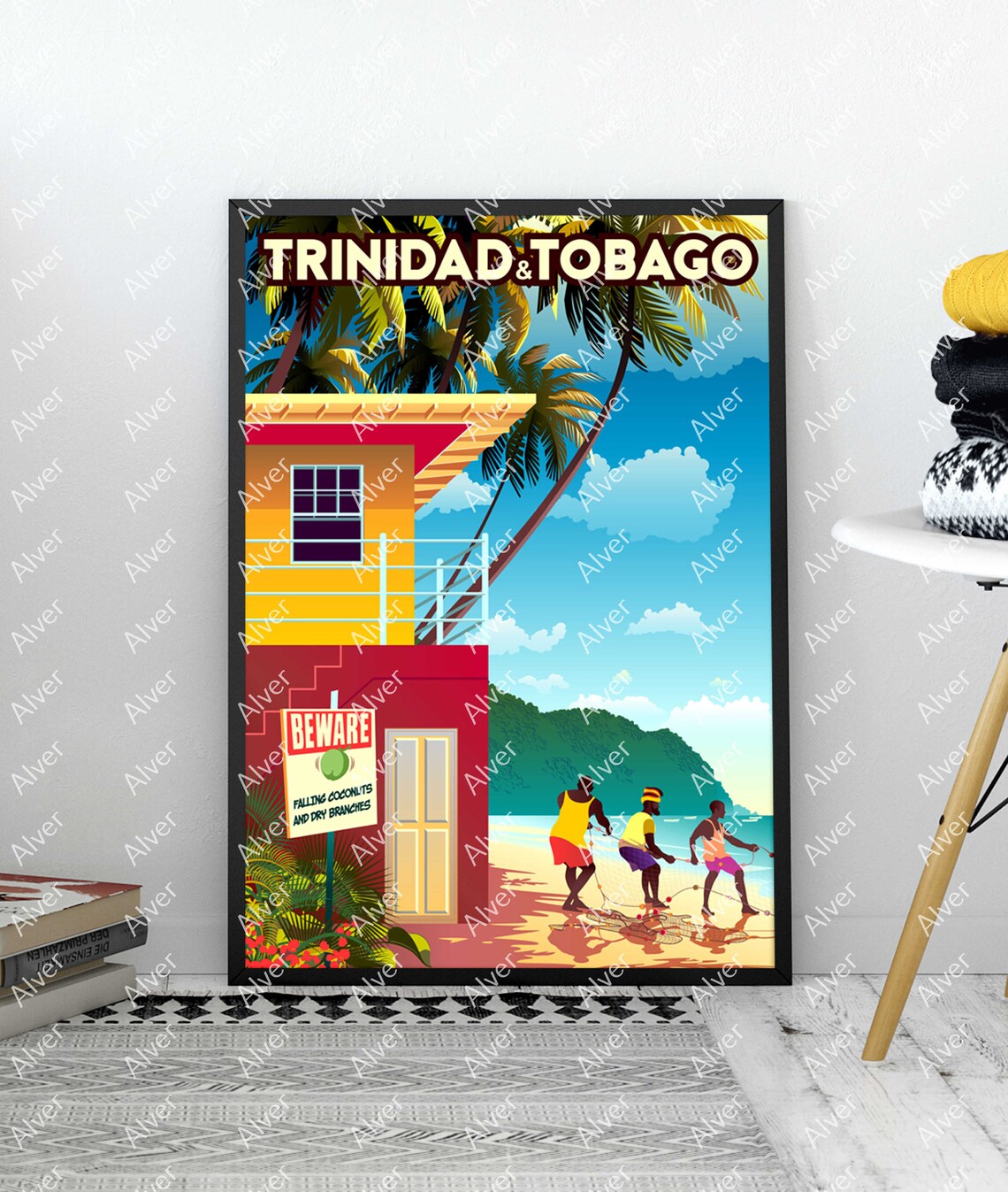 Trinidad and Tobago Beach Fishermen Vintage Caribbean Travel Poster - Image 3
