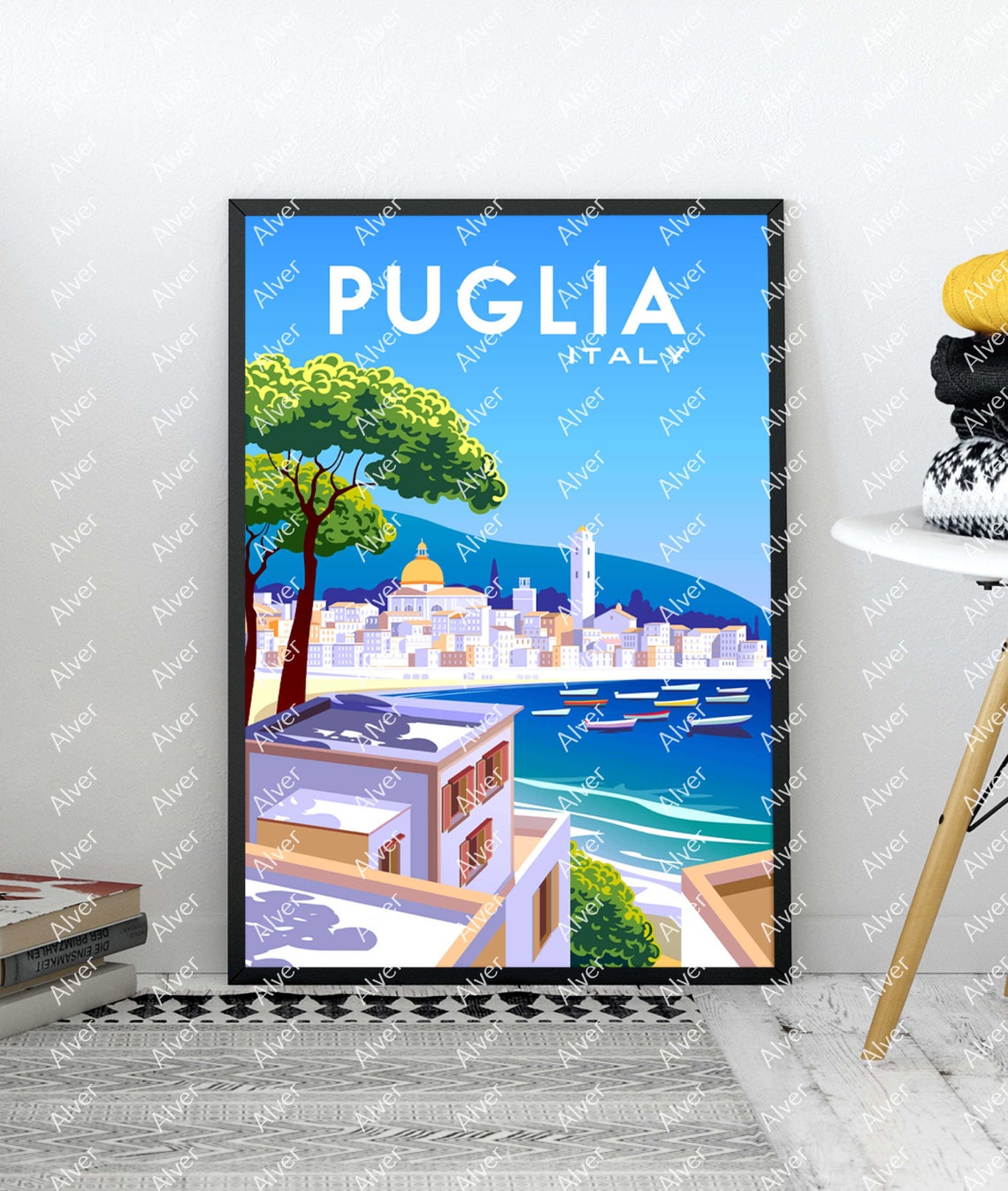 Puglia Italy Coastal Harbor Whitewashed Town Seascape Poster - Image 2