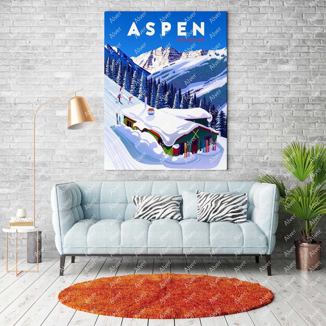 Aspen Colorado Snowy Lodge Skiers Mountain Retro Travel Poster - Image 2