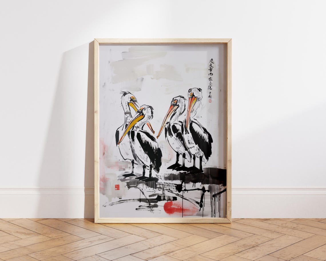 Pelicans Japanese Ink Wash Painting With Calligraphy Bird Poster