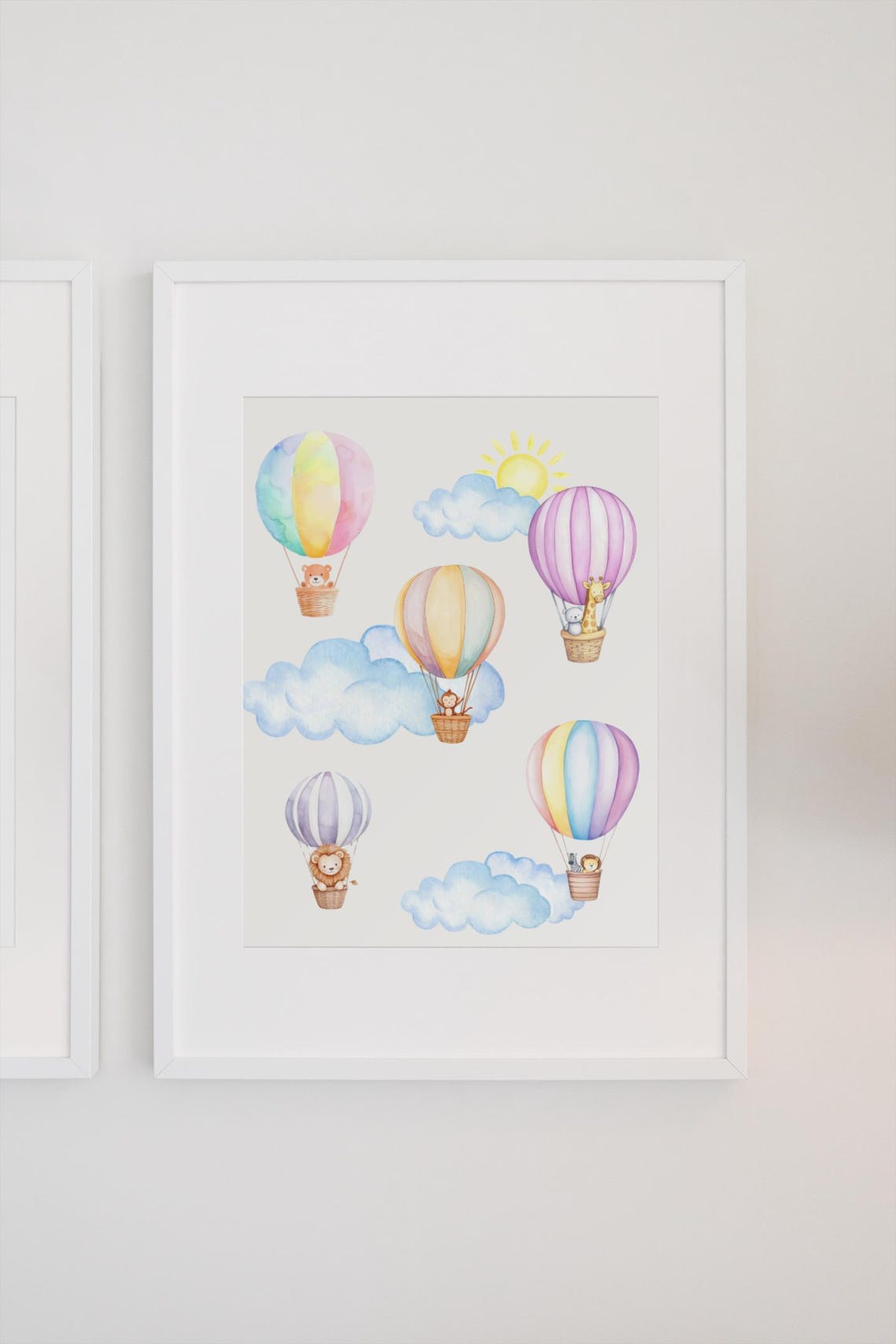 Six Pastel Hot Air Balloons With Animals Under Sunny Sky Poster - Image 2