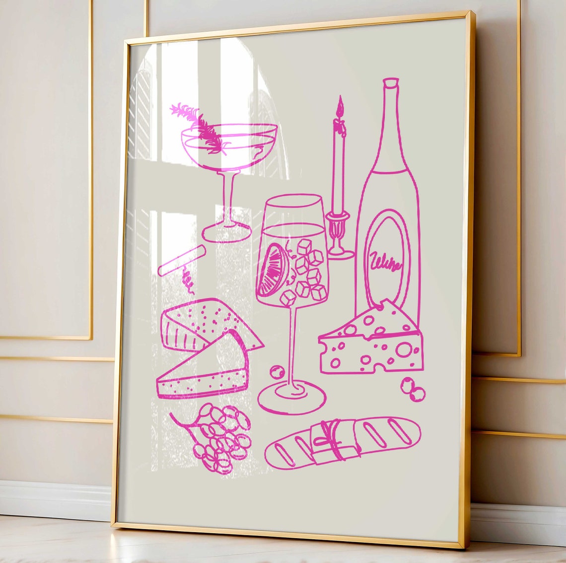 Pink Wine Cheese Line Art Gourmet Kitchen Illustration Poster - Image 2