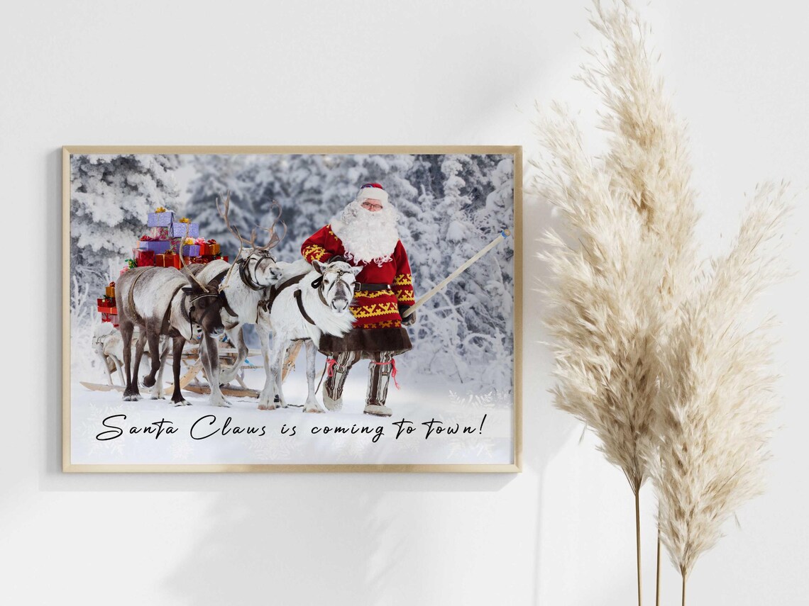 Santa Claus Reindeer Sleigh Snowy Christmas Photograph Art Poster - Image 3