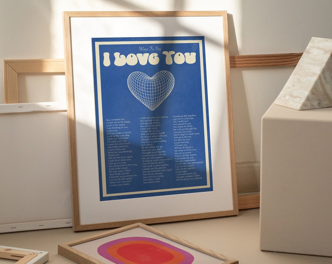 Ways To Say I Love You Retro Groovy Blue Typography Heart Art Poster - Image 3
