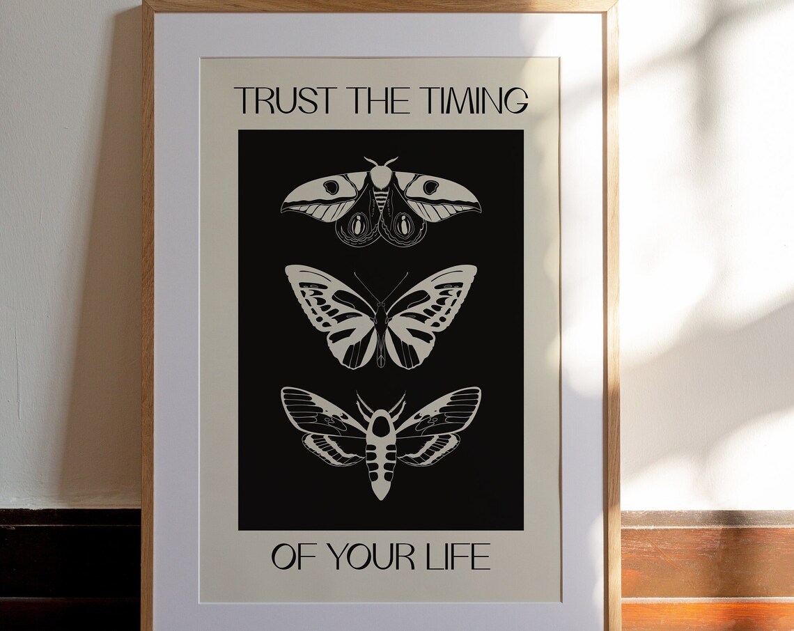 Trust The Timing Of Your Life Butterfly Moth Illustration Art Poster - Image 3