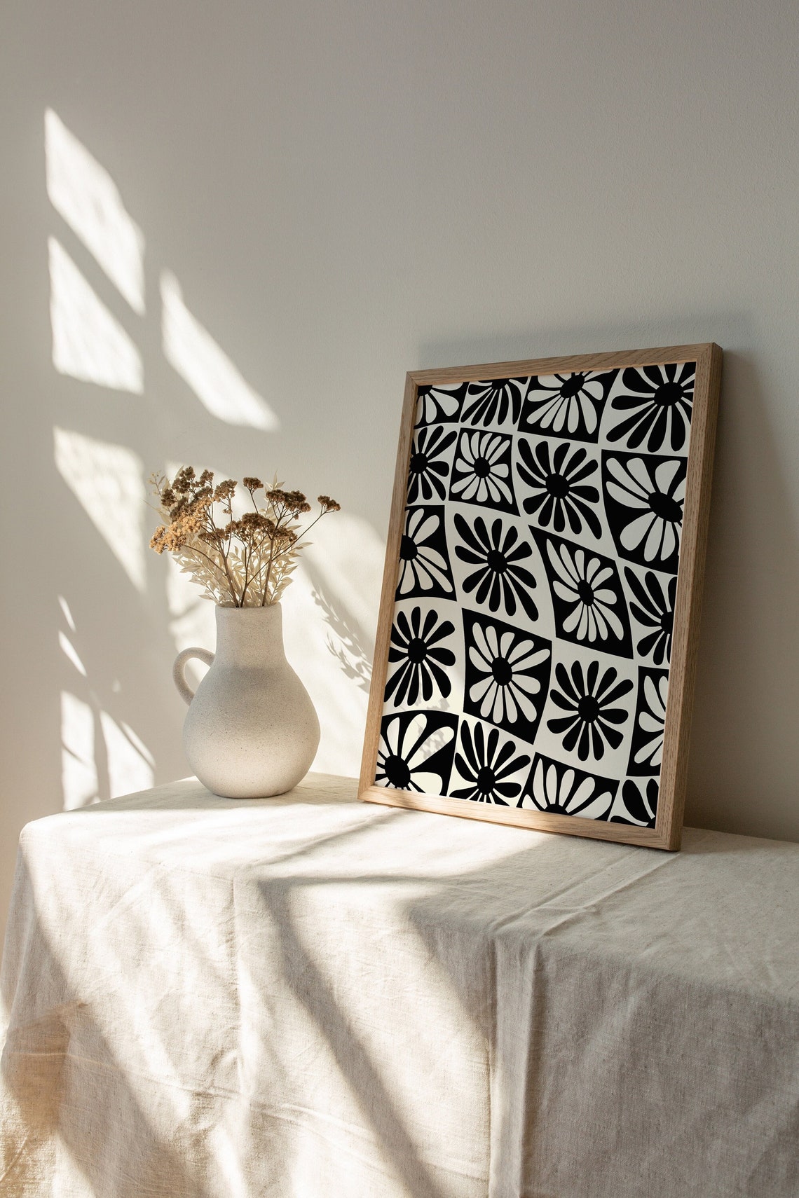 Retro Black White Daisy Flower Checkered Wavy Pattern Art Poster - Image 3