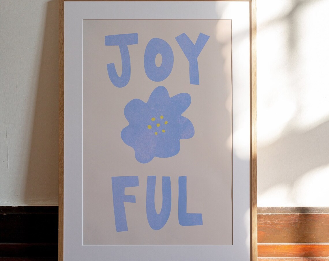 Joyful Blue Flower Typography Happy Quote Minimalist Art Poster - Image 3