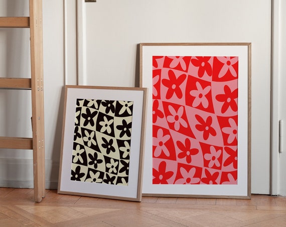 Pink And Red Checkered Flower Wall Art Gustaf Westman Scandinavian Geometric Pattern Abstract Poster Colorful Vivid Pastels